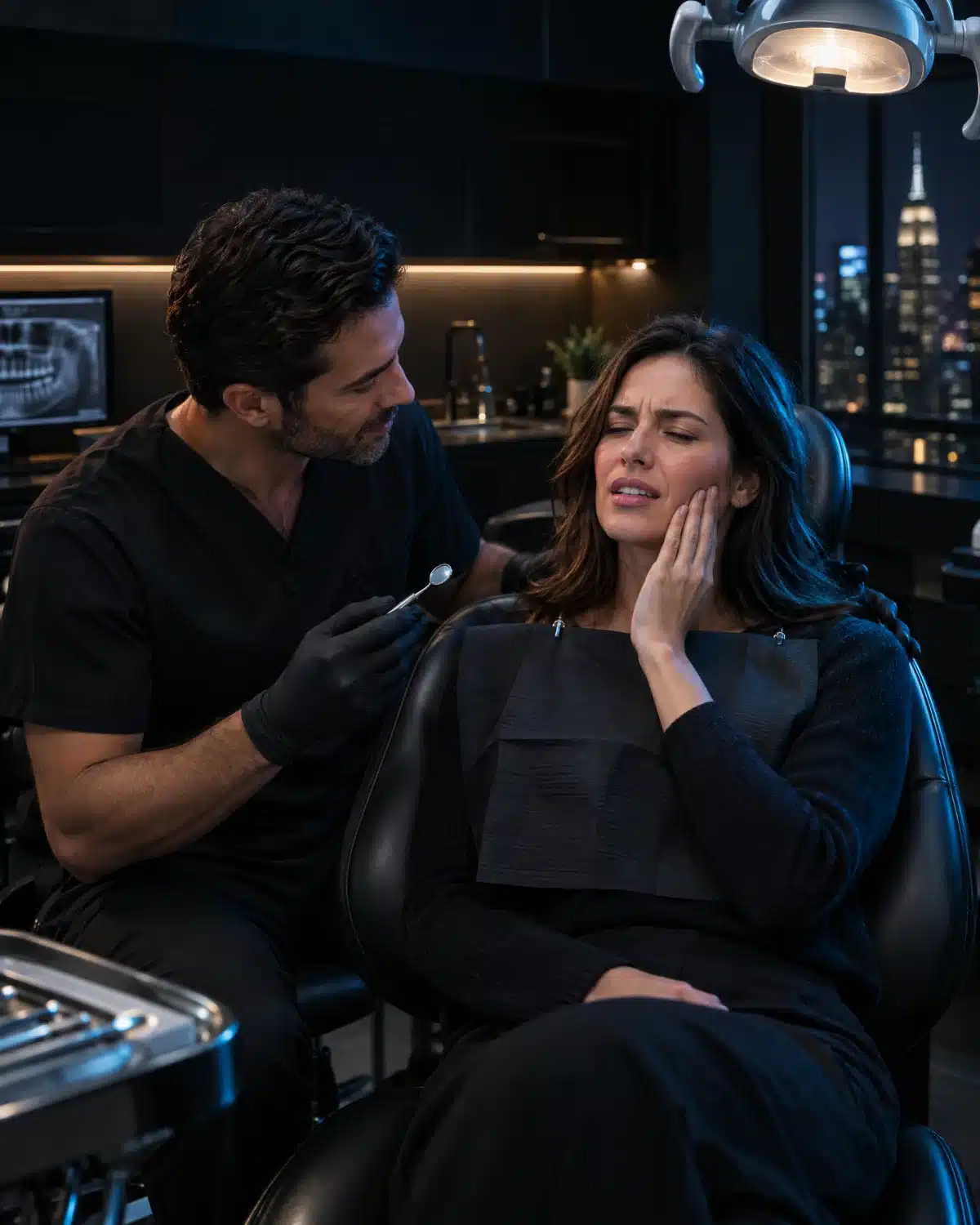 Dentist examining a patient with sudden tooth pain at Smile Creators Dental, Midtown Manhattan